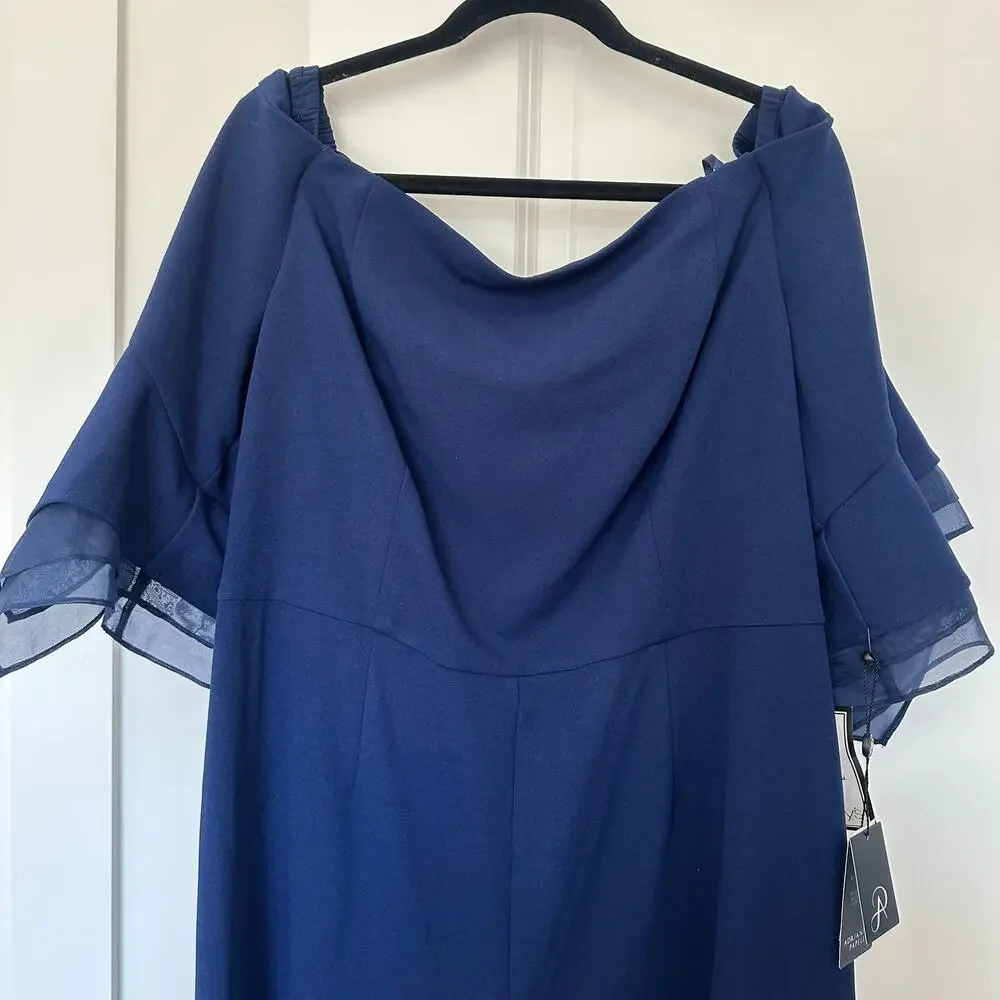 NWT! Adrianna Papell (18W) Navy Off-The-Shoulder Jumpsuit Organza Sleeve MOTB - Picture 5 of 10